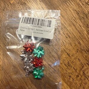 Festive Red, Green & Silver Snowflake Drop Earrings - Holiday Jewelry